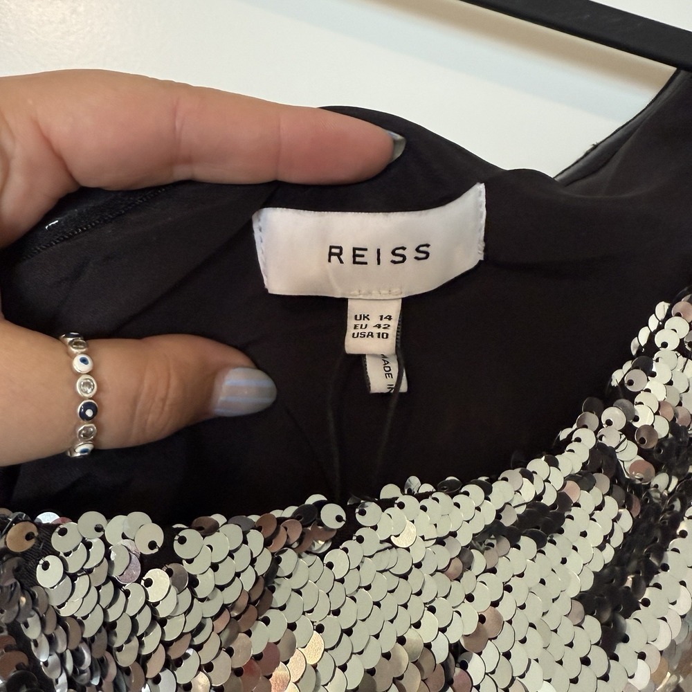 REISS‎ EVA SEQUIN CAPE ONE SHOULDER MINI DRESS NWT SILVER METALLIC SIZE US 10 - Picture 6 of 6